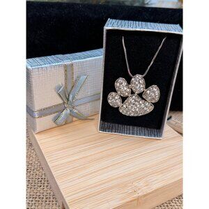 Crystal Paw Print Pendant Necklace Silver Chain Gift Box Included